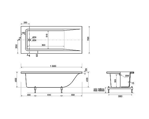 Ванна из искусственного камня STWORKI Ольборг 160x70 ФР-00014087 без гидромассажа