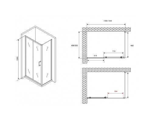 Душевой уголок Abber Schwarzer Diamant 140x50 профиль Хром стекло прозрачное