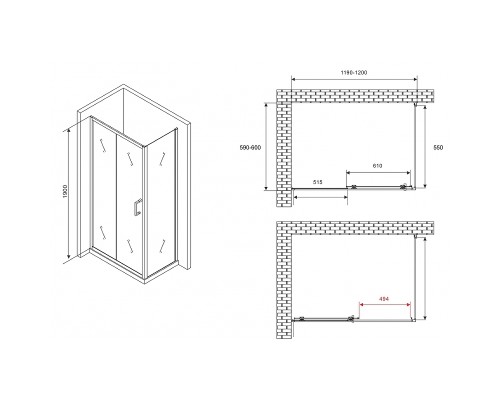 Душевой уголок Abber Schwarzer Diamant 120x60 профиль Черный стекло прозрачное