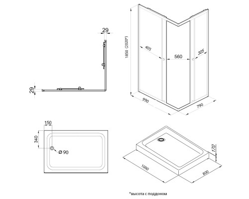 Душевой уголок Triton Вента-Хром 100х80 Щ0000049617 профиль Хром стекло прозрачное