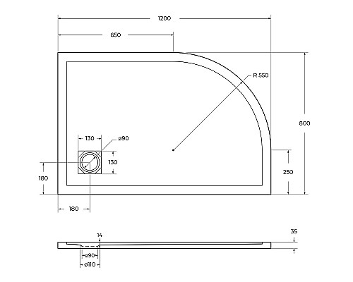 Душевой поддон из искусственного камня BelBagno Uno 120x80 R TRAY-MR-UNO-RH-120/80-550-35-W-R Белый
