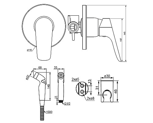 Гигиенический душ со смесителем Damixa Jupiter 777510300 Черный матовый