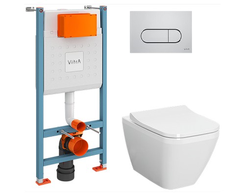 Комплект унитаза с инсталляцией Vitra Integra Square 9856B003-7207 с сиденьем Микролифт и клавишей смыва Хром глянцевый