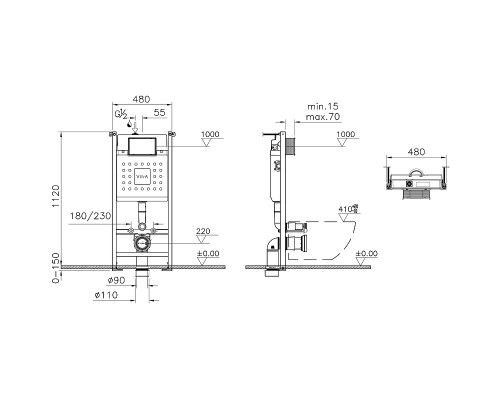 Комплект унитаза с инсталляцией Vitra Integra Square 9856B003-7207 с сиденьем Микролифт и клавишей смыва Хром глянцевый
