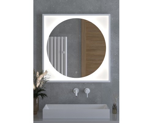 Зеркало Defesto Eclipce 80х80 с подсветкой 18W-4500К/в багетной раме/Сенсорный выключатель/Нейтральный белый свет/Белая рама