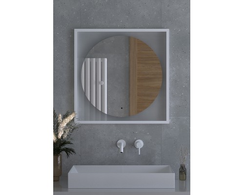 Зеркало Defesto Eclipce 70х70 с подсветкой 15W-3000К/в багетной раме/ИК - выключатель/Теплый белый свет/Белая рама