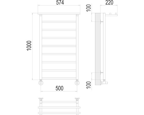 Водяной полотенцесушитель Terminus Контур П9 500х1000 4670078529749 с полкой Хром, нижнее подключение, G 1/2" ВР, с угловым соединением