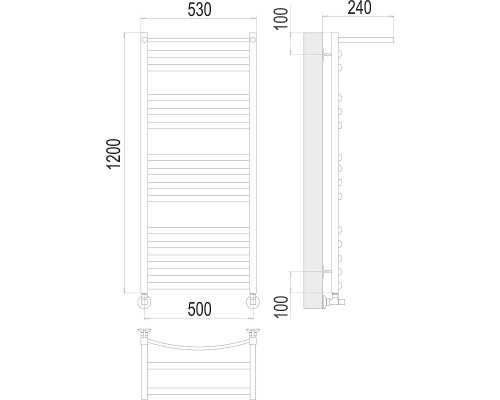 Водяной полотенцесушитель Terminus Енисей П15 500x1200 4670078529589 с полкой Хром, нижнее подключение, G 1/2" ВР, с угловым соединением