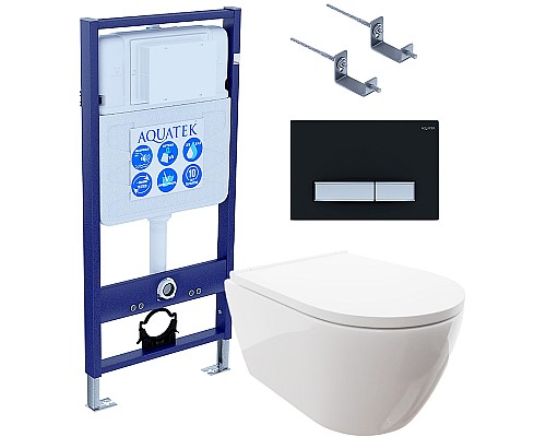 Комплект унитаза с инсталляцией Aquatek Set Aquatek Поларис-026 4в1 с сиденьем Микролифт и Черной матовой клавишей смыва