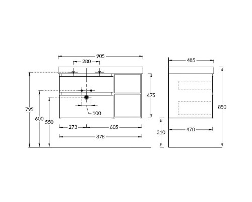 Тумба под раковину Kerama Marazzi Cubo 90 L CUB.90.2Lh\WHTM.N подвесная Белая матовая Структурированный орех