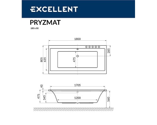 Акриловая ванна Excellent Pryzmat Slim 180x80 с гидромассажем