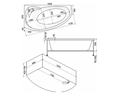 Акриловая ванна Bas Фэнтази 150x88 L В 00040 без гидромассажа