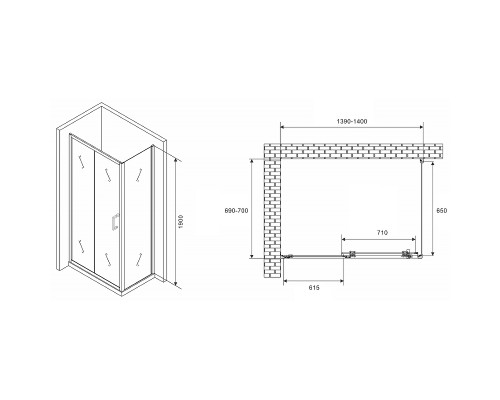 Душевой уголок Abber Schwarzer Diamant 140x70 профиль Хром стекло прозрачное