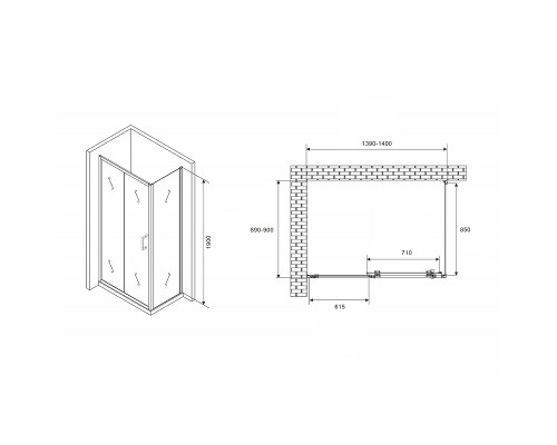 Душевой уголок Abber Schwarzer Diamant 140x90 профиль Черный стекло прозрачное