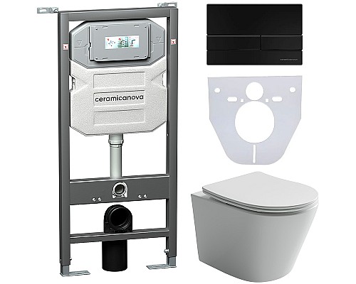 Комплект унитаза с инсталляцией Ceramicanova Balearica CN6000_1002B_1000 с сиденьем Микролифт и Черной матовой клавишей смыва