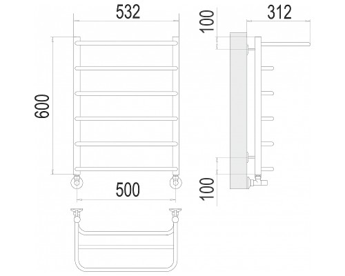 Водяной полотенцесушитель Terminus Полка П6 500x600 4670078530288 с полкой Хром, нижнее подключение, G 1/2" ВР