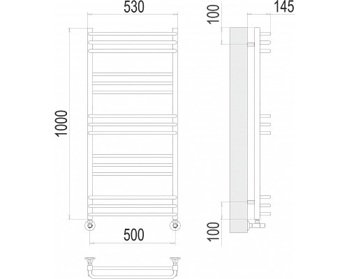 Водяной полотенцесушитель Terminus Соренто П15 500х1000 4670078530844 Хром, нижнее подключение, G 1/2" ВР, с комплектом вентилей