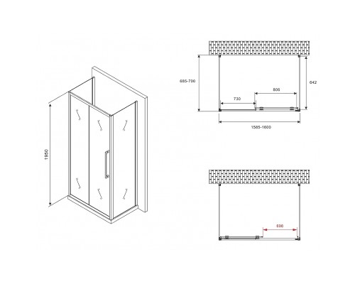 Душевой уголок Abber Schwarzer Diamant 160x70 профиль Черный стекло матовое