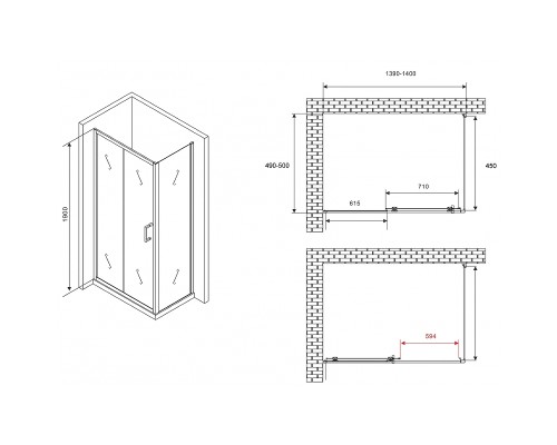 Душевой уголок Abber Schwarzer Diamant 140x50 профиль Черный стекло прозрачное