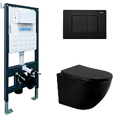 Комплект унитаза с инсталляцией Abber Bequem AC1100MB-AC0105-AC0120MB с сиденьем Микролифт и Черной матовой клавишей смыва