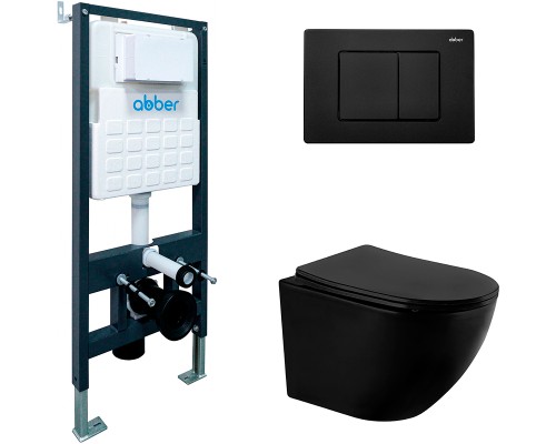 Комплект унитаза с инсталляцией Abber Bequem AC1100MB-AC0105-AC0120MB с сиденьем Микролифт и Черной матовой клавишей смыва