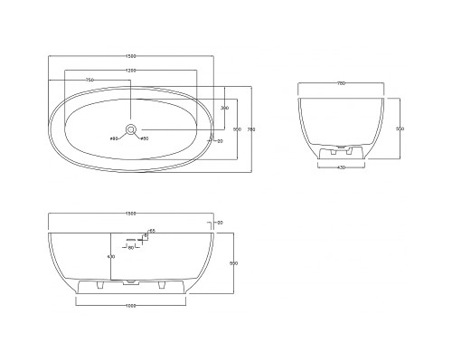 Ванна из искусственного камня Abber Stein 150x78 AS9641-1.5 без гидромассажа