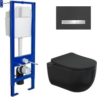 Комплект унитаза Berges Ventas Black с инсталляцией Atom Line Черный с сиденьем Микролифт и Черной Soft touch Хром глянец клавишей смыва