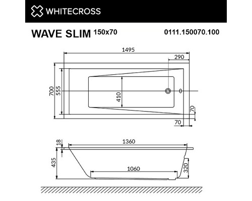 Акриловая ванна Whitecross Wave Slim 150x70 с гидромассажем