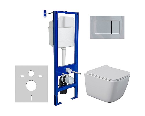 Комплект унитаза Berges Quattro S Rimless с инсталляцией Atom 043364 с сиденьем Микролифт и клавишей смыва Хром глянцевый