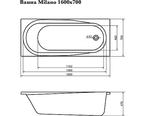 Акриловая ванна Corpa Nera Milano 160x70 CN05008WH без гидромассажа