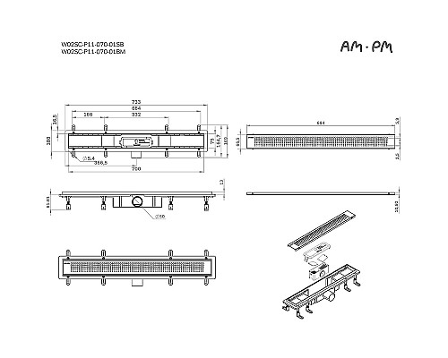 Душевой лоток AM.PM PrimeFlow 70 W02SC-P11-070-01BM с Черной матовой решеткой Cut Gradient