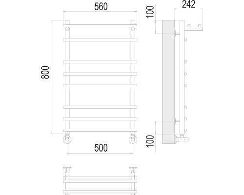 Водяной полотенцесушитель Terminus Ватра П8 500x800 4670078529503 с полкой Хром, нижнее подключение, G 1/2" ВР, с угловым соединением