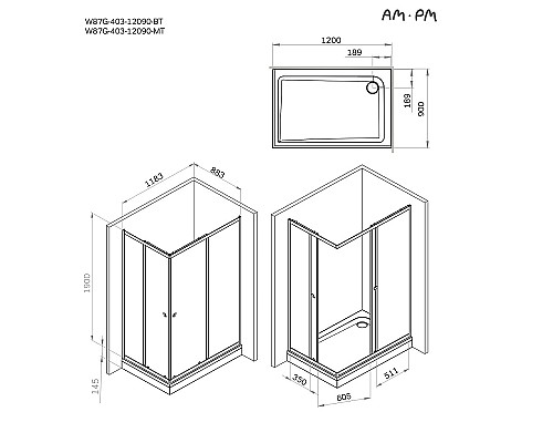 Душевой уголок AM.PM Sunny 120х90 W87G-403-12090-MT профиль Хром матовый стекло прозрачное