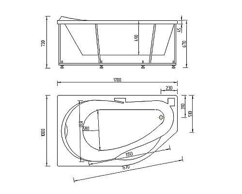 Акриловая ванна Aquatek Таурус 170х100 R TAR170-0000129 без гидромассажа с фронтальной панелью с каркасом (разборный) со слив-переливом