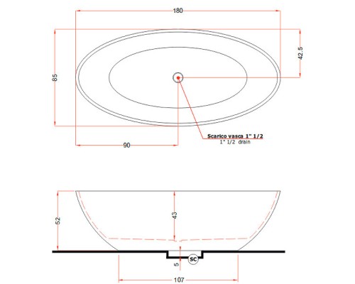 Ванна из искусственного камня Gruppo Treesse Carezza 180x85 V308BO без гидромассажа