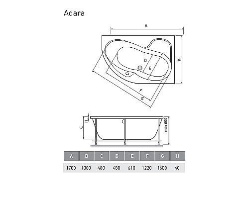 Акриловая ванна Relisan Adara 170x100 R Гл000013732 без гидромассажа