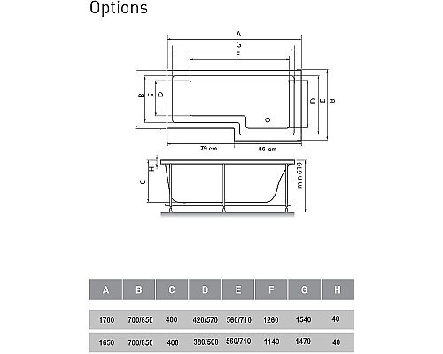 Акриловая ванна Vayer Options 165x85 L Гл000023294 без гидромассажа