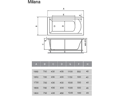 Акриловая ванна Vayer Milana 175x70 Гл000024272 без гидромассажа