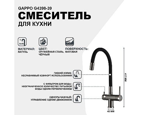 Смеситель для кухни Gappo G4398-39 Оружейная сталь Черный