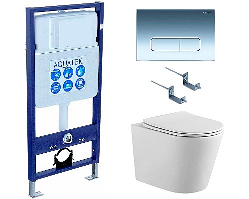 Комплект унитаза с инсталляцией Aquatek Set Aquatek Вега cmp-016 с сиденьем Микролифт и клавишей смыва Хром