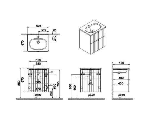 Тумба с раковиной Vitra Root Groove 60 69417 подвесная Серая матовая