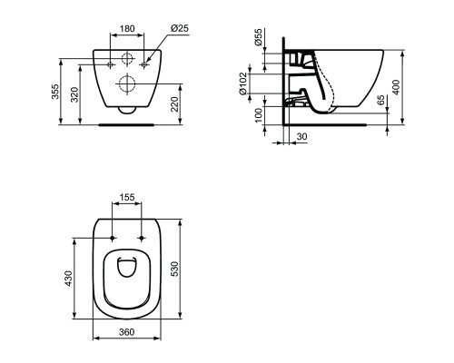 Комплект унитаза с инсталляцией Ideal Standard Tesi Aqua Blade с сиденьем Микролифт и Белой клавишей смыва