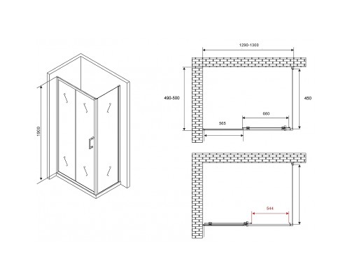 Душевой уголок Abber Schwarzer Diamant 130x50 профиль Черный стекло прозрачное