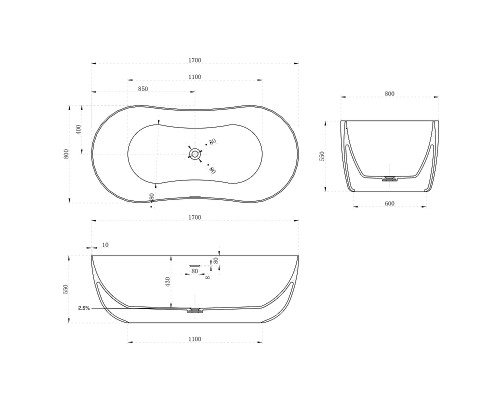 Ванна из искусственного камня Abber Stein 170x80 AS9604 без гидромассажа