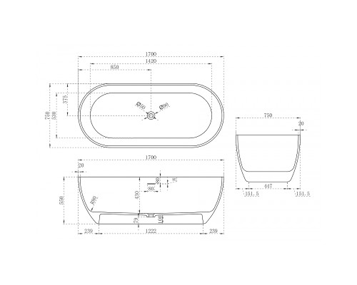 Ванна из искусственного камня Abber Stein 170x75 AS9613-1.7 без гидромассажа