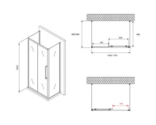 Душевой уголок Abber Schwarzer Diamant 170x50 профиль Черный стекло прозрачное