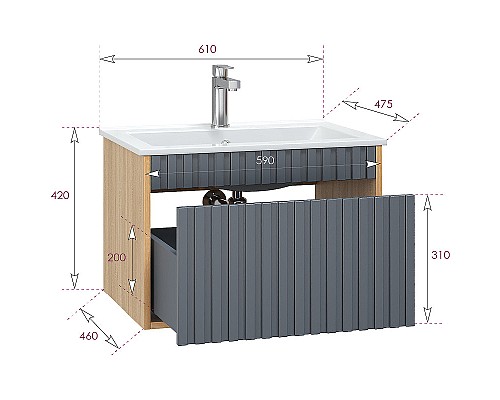 Тумба под раковину Onika Дайлер 60 106151 подвесная Графит Дуб сонома