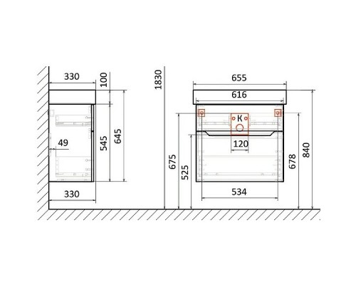 Тумба под раковину Jorno Folk 65 Folk.01.65/P/A/JR подвесная Антрацит