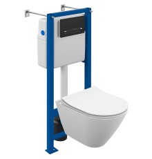 Комплект унитаза Cersanit City Smart CO DPL EO Slim с сиденьем Микролифт и инсталляцией Vector 68305 с клавишей смыва Черный матовый Хром
