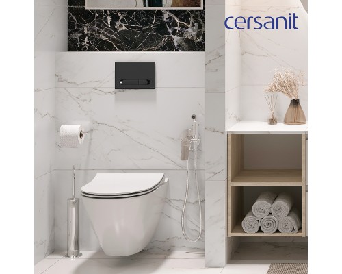 Комплект унитаза Cersanit City Smart CO DPL EO Slim с сиденьем Микролифт и инсталляцией Vector с клавишей смыва Черный матовый Хром